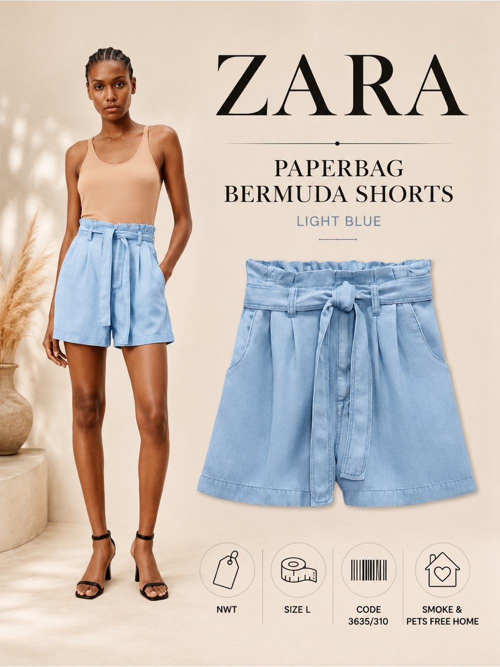 Zara Light Blue Paperbag Bermuda Shorts Size L NWT High Waist Tie Belt Denim